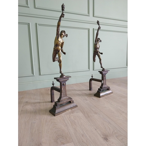 754 - Pair of good quality Art Nouveau brass fire dogs surmounted by figures of Mercury {101 cm H x 28 cm ... 