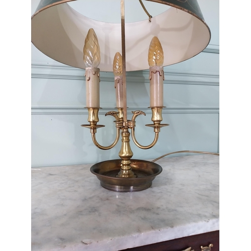 101 - Edwardian French brass table lamp with painted metal shade {58 cm H x 37 cm Dia.}.