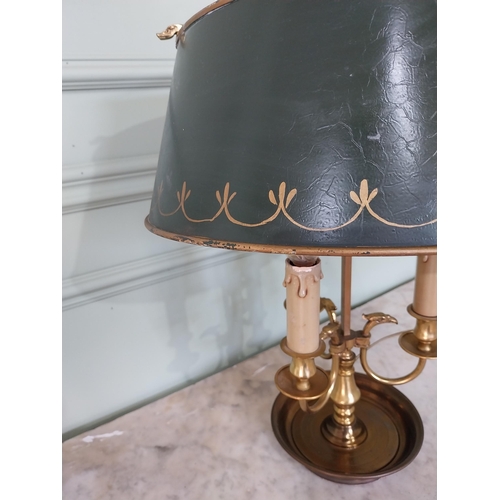 101 - Edwardian French brass table lamp with painted metal shade {58 cm H x 37 cm Dia.}.