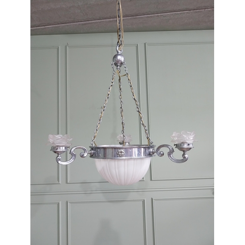 1010 - Good quality Victorian silver plate hanging chandelier with three frosted glass shades and central o... 