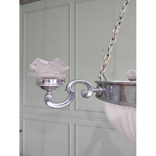 1010 - Good quality Victorian silver plate hanging chandelier with three frosted glass shades and central o... 