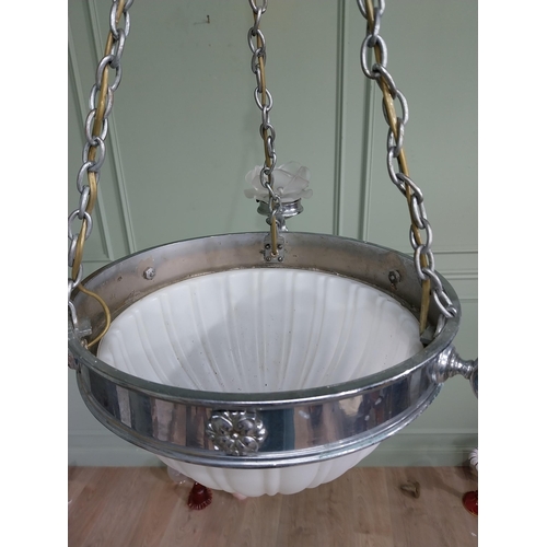 1010 - Good quality Victorian silver plate hanging chandelier with three frosted glass shades and central o... 