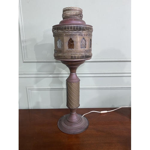 1021 - Early 20th C. Middle Eastern brass table lamp with coloured glass panels {78 cm H x 26 cm Dia.}.