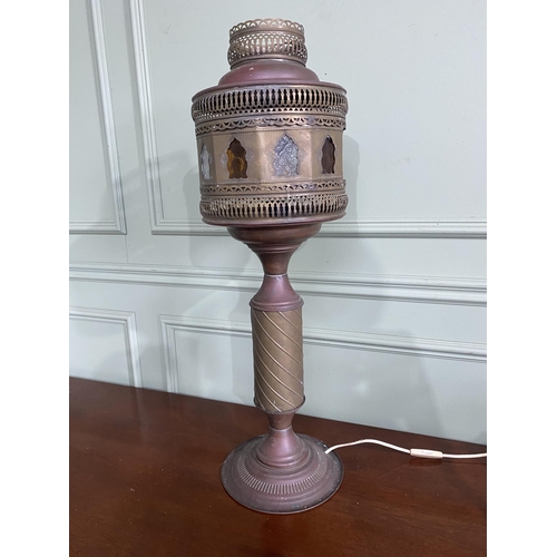 1021 - Early 20th C. Middle Eastern brass table lamp with coloured glass panels {78 cm H x 26 cm Dia.}.