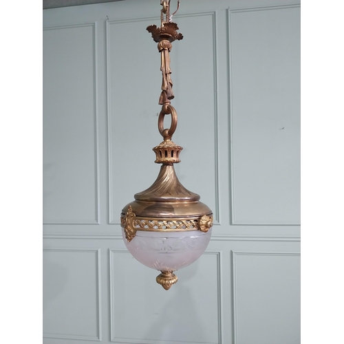 1026 - Good quality 19th C. French gilded bronze and etched glass hanging lantern {92cm H x 32cm Dia.}