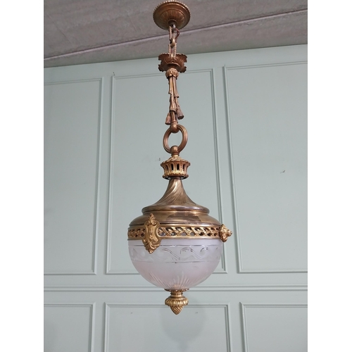 1026 - Good quality 19th C. French gilded bronze and etched glass hanging lantern {92cm H x 32cm Dia.}