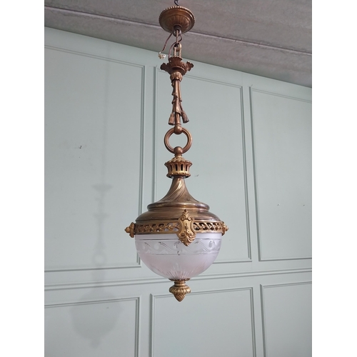 1026 - Good quality 19th C. French gilded bronze and etched glass hanging lantern {92cm H x 32cm Dia.}