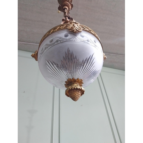 1026 - Good quality 19th C. French gilded bronze and etched glass hanging lantern {92cm H x 32cm Dia.}