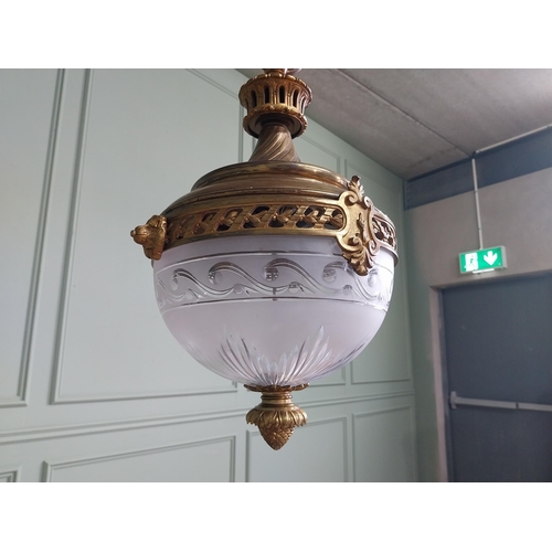 1026 - Good quality 19th C. French gilded bronze and etched glass hanging lantern {92cm H x 32cm Dia.}