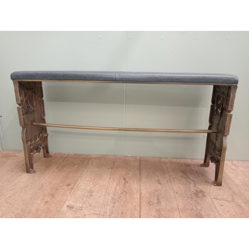 1037 - Art deco cast iron bench with upholstered seat.  {H 63cm x W 121cm x D 21cm }. - NOT AVAILABLE TO VI... 