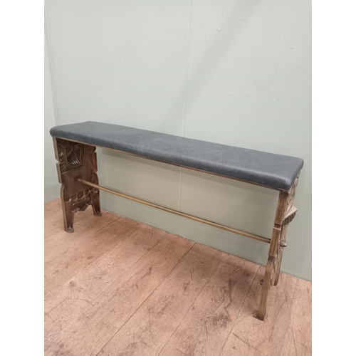 1037 - Art deco cast iron bench with upholstered seat.  {H 63cm x W 121cm x D 21cm }. - NOT AVAILABLE TO VI... 