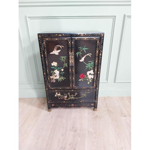 104 - Good quality Japanese lacquered side cabinet decorated with birds and bamboo leaf with two blind doo... 