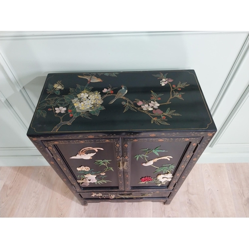 104 - Good quality Japanese lacquered side cabinet decorated with birds and bamboo leaf with two blind doo... 