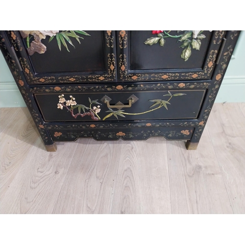 104 - Good quality Japanese lacquered side cabinet decorated with birds and bamboo leaf with two blind doo... 