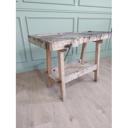 1046 - Early 20th C. French pine work bench {83 cm H x 135 cm W x 60 cm D}.