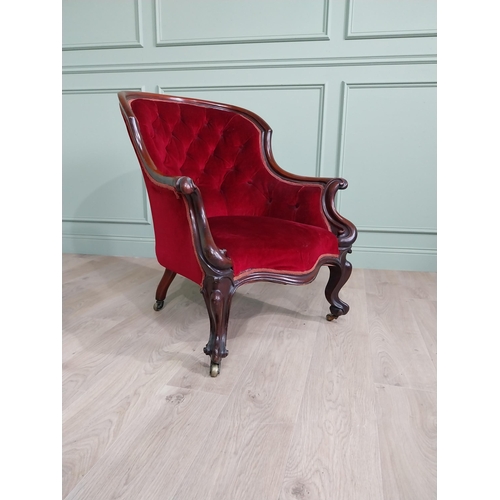 1047 - Good quality Victorian mahogany and upholstered gentleman armchair raised on cabriole legs and brass... 