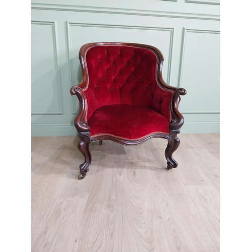 1047 - Good quality Victorian mahogany and upholstered gentleman armchair raised on cabriole legs and brass... 