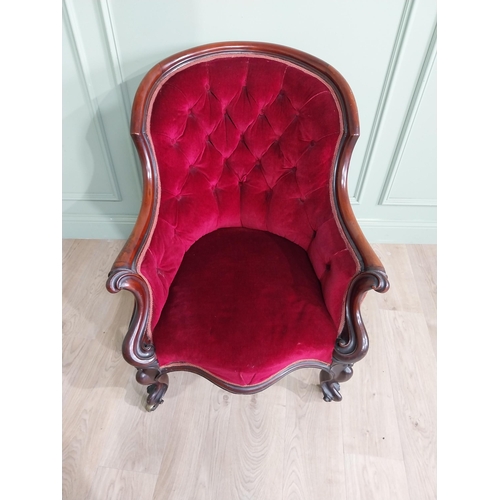 1047 - Good quality Victorian mahogany and upholstered gentleman armchair raised on cabriole legs and brass... 