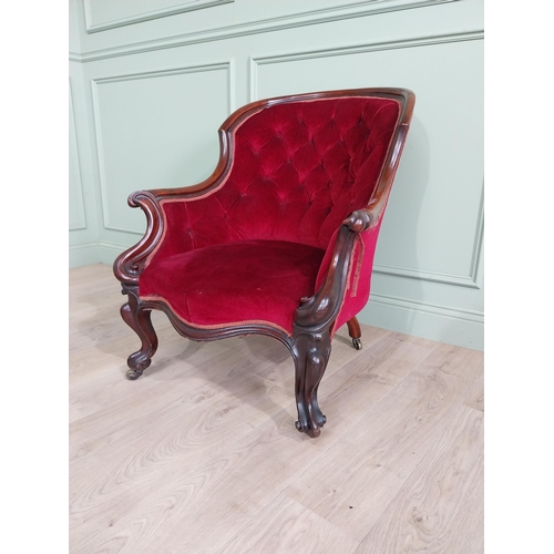 1047 - Good quality Victorian mahogany and upholstered gentleman armchair raised on cabriole legs and brass... 