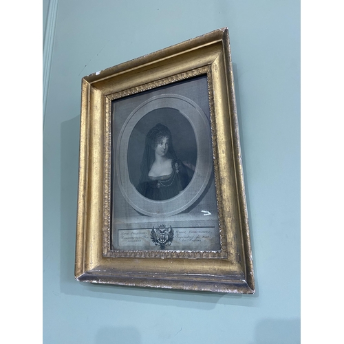 105 - 19th C. French portrait of a Lady engraving mounted in giltwood frame {39 cm H x 48 cm W}.