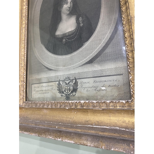 105 - 19th C. French portrait of a Lady engraving mounted in giltwood frame {39 cm H x 48 cm W}.