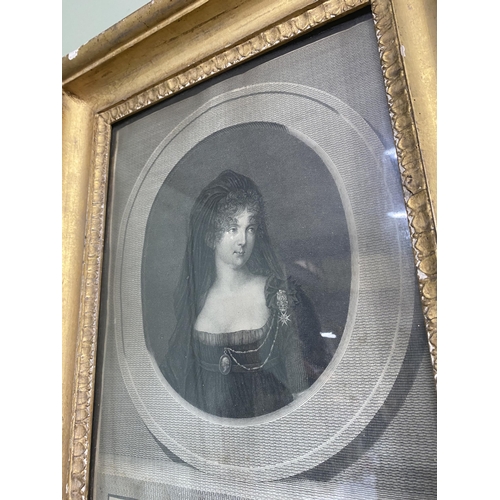 105 - 19th C. French portrait of a Lady engraving mounted in giltwood frame {39 cm H x 48 cm W}.