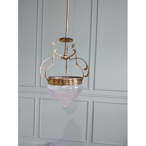 1052 - Good quality French Art Nouveau brass hall lantern with cut glass shade {91 cm H x 28 cm Dia.}.