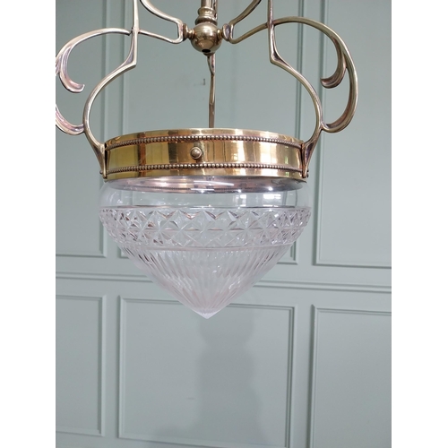 1052 - Good quality French Art Nouveau brass hall lantern with cut glass shade {91 cm H x 28 cm Dia.}.