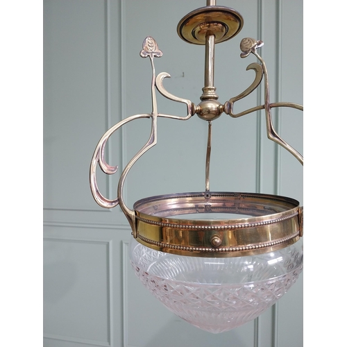 1052 - Good quality French Art Nouveau brass hall lantern with cut glass shade {91 cm H x 28 cm Dia.}.