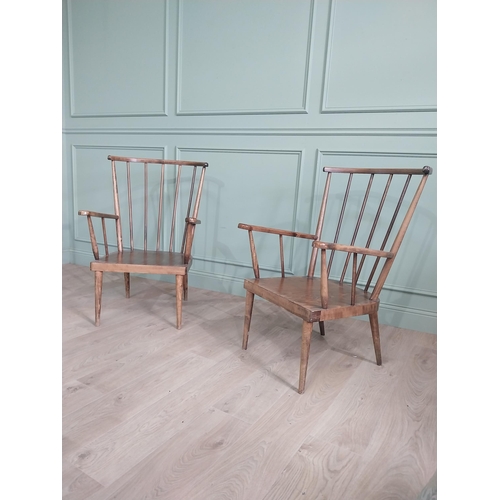 1063 - Pair of 1950s Italian stained pine armchairs {96 cm H x 60 cm W  x 65 cm D}.