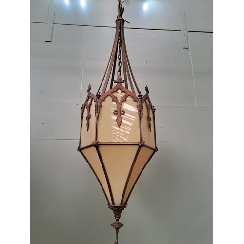 1068 - Bronze gothic hall light with opaque glass  {H 140cm x Dia 40cm }. - NOT AVAILABLE TO VIEW IN PERSON