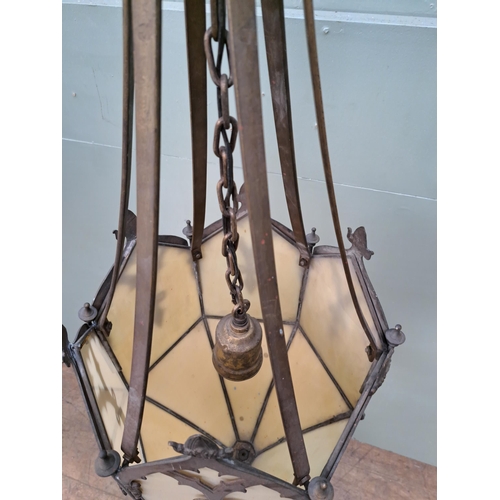 1068 - Bronze gothic hall light with opaque glass  {H 140cm x Dia 40cm }. - NOT AVAILABLE TO VIEW IN PERSON