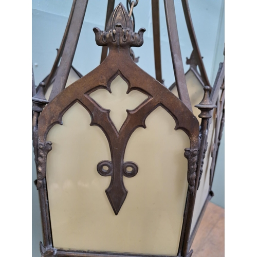 1068 - Bronze gothic hall light with opaque glass  {H 140cm x Dia 40cm }. - NOT AVAILABLE TO VIEW IN PERSON