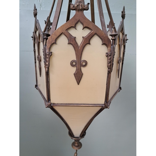 1068 - Bronze gothic hall light with opaque glass  {H 140cm x Dia 40cm }. - NOT AVAILABLE TO VIEW IN PERSON