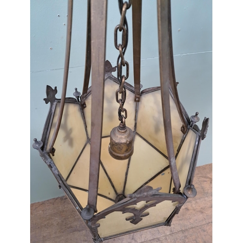 1068 - Bronze gothic hall light with opaque glass  {H 140cm x Dia 40cm }. - NOT AVAILABLE TO VIEW IN PERSON