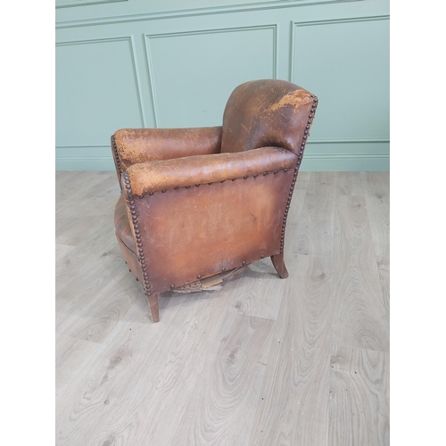 1073 - Early 20th C. French hand dyed leather upholstered club chair raised on square tapered legs {78 cm H... 