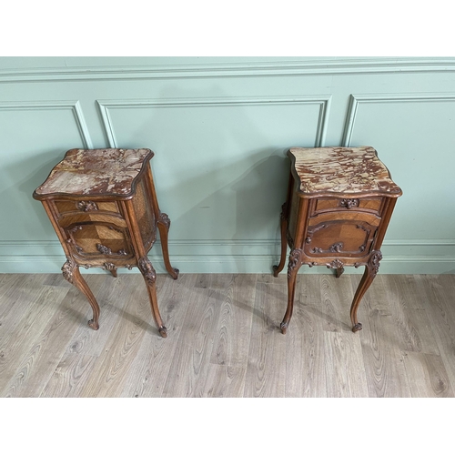 1078 - Pair of 19th C. French carved walnut bedside lockers with inset marble tops and one single drawer ov... 