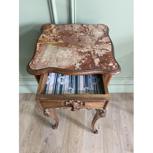 1078 - Pair of 19th C. French carved walnut bedside lockers with inset marble tops and one single drawer ov... 