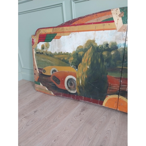 1082 - Rare early 20th C. hand painted Race Car carnival panel {98 cm H x 228 cm W}. (Offer option to purch... 