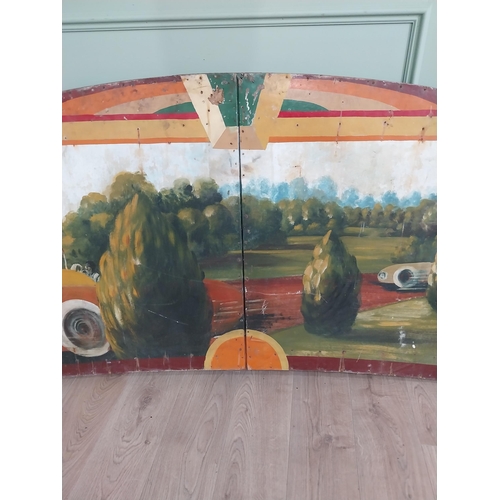 1082 - Rare early 20th C. hand painted Race Car carnival panel {98 cm H x 228 cm W}. (Offer option to purch... 