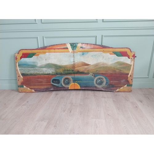 1083 - Rare early 20th C. hand painted Race Car carnival panel {97 cm H x 228 cm W}.