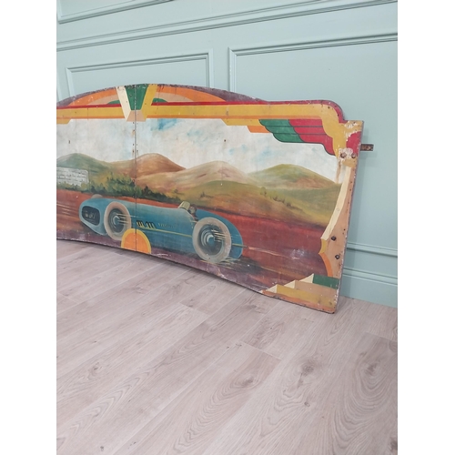 1083 - Rare early 20th C. hand painted Race Car carnival panel {97 cm H x 228 cm W}.