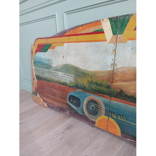 1083 - Rare early 20th C. hand painted Race Car carnival panel {97 cm H x 228 cm W}.