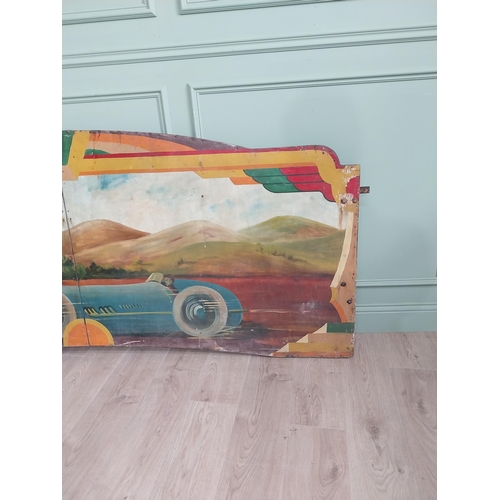 1083 - Rare early 20th C. hand painted Race Car carnival panel {97 cm H x 228 cm W}.