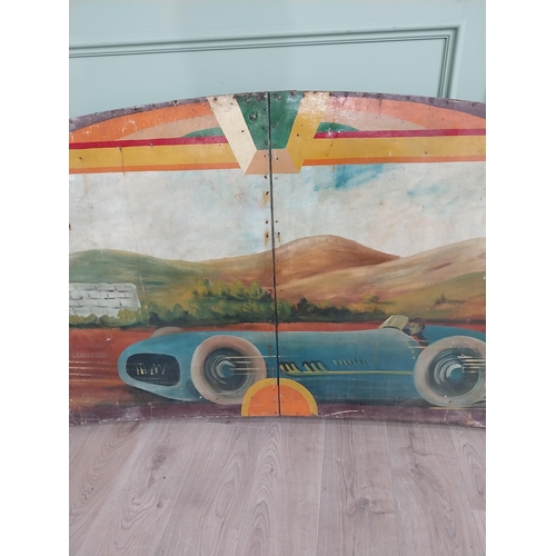 1083 - Rare early 20th C. hand painted Race Car carnival panel {97 cm H x 228 cm W}.