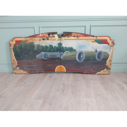 1084 - Rare early 20th C. hand painted Race Car carnival panel {96 cm H x 228 cm W}.