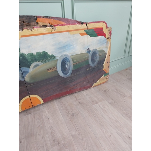 1084 - Rare early 20th C. hand painted Race Car carnival panel {96 cm H x 228 cm W}.