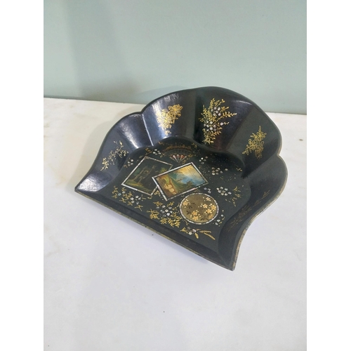 1086 - 19th C. hand painted paper mâché dust tray with mother of pearl inlay {24 cm H x 27 cm W}.