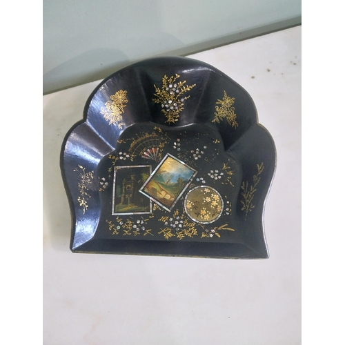 1086 - 19th C. hand painted paper mâché dust tray with mother of pearl inlay {24 cm H x 27 cm W}.