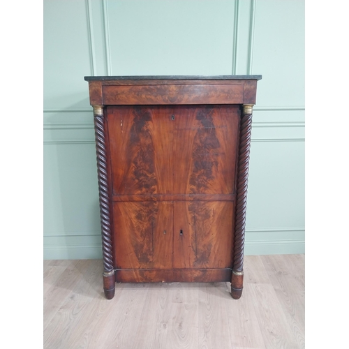 1097 - 19th C. flamed mahogany Biedermeier bureau chest with marble top and barley twist columns {150 cm H ... 